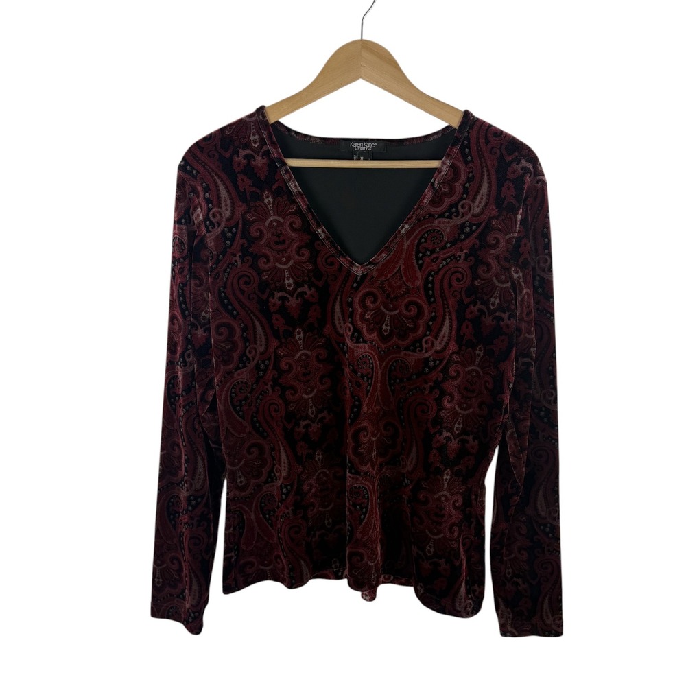 Karen Kane Lifestyle Velvet Paisley Top XL Holiday Retro Boho Soft Stretch Comfy